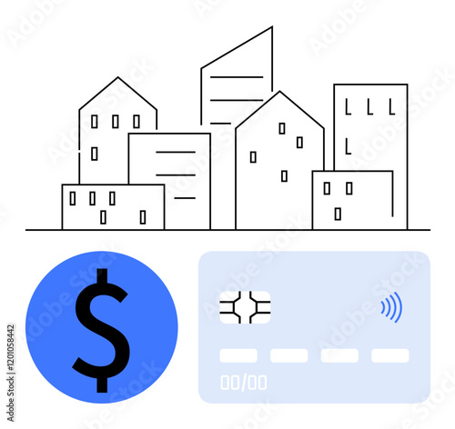 Modern city skyline outlined with blue dollar symbol and contactless credit card. Ideal for finance, real estate, e-commerce, banking, cashless payments, urban economy, abstract line flat metaphor