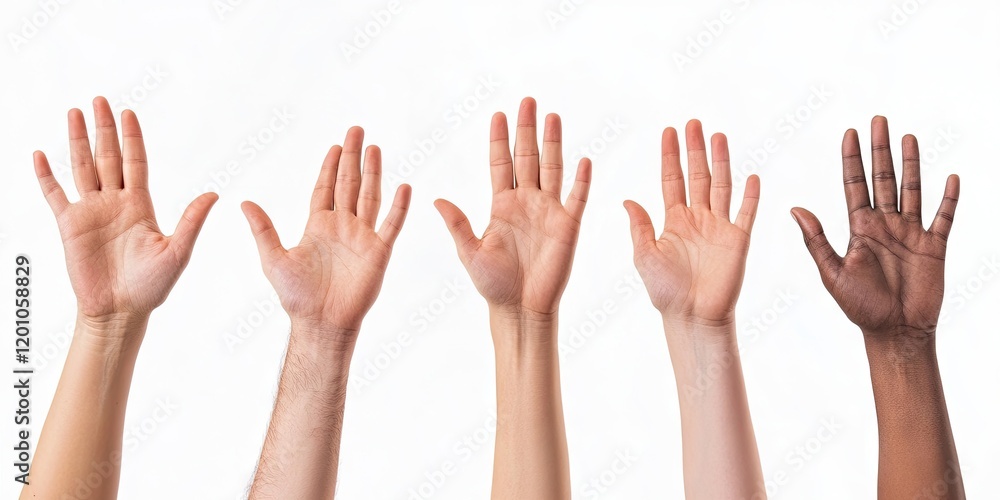 Diverse human hands raised in open position against a bright white background showcasing different skin tones from left to right in a linear arrangement. Diverse human hands raised in open position against a bright white background showcasing different skin tones from left to right in a linear arrangement.