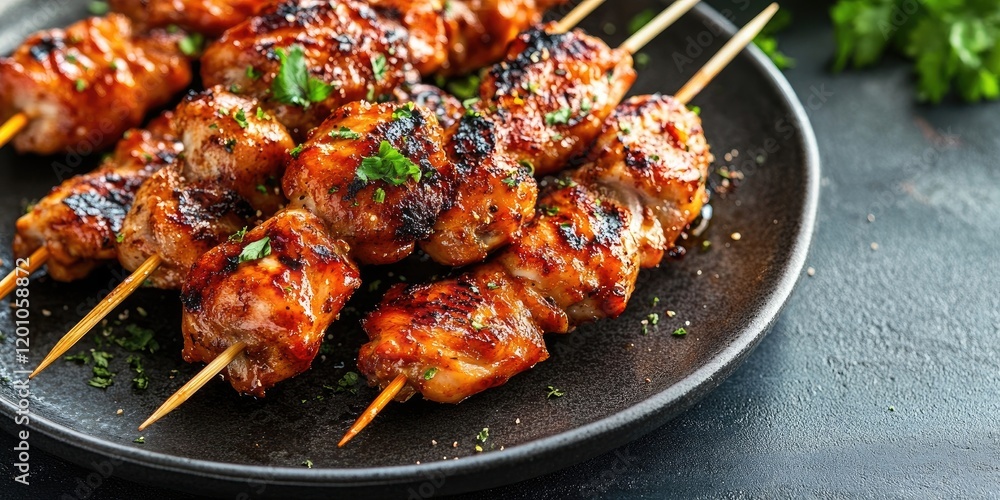 Grilled chicken skewers garnished with fresh herbs on a dark round plate with a textured background showcasing vibrant browns and greens Grilled chicken skewers garnished with fresh herbs on a dark round plate with a textured background showcasing vibrant browns and greens