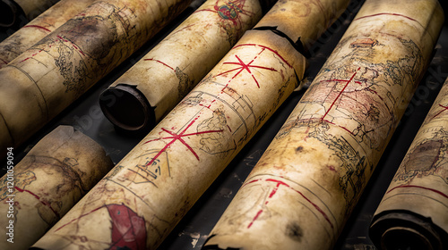 Pixel map paper scrolls, vector travel or pirate game UI assets. Pixel art maps on old parchment, pirate treasure hunt and adventure navigation scrolls with grunge texture, red routes and crosses photo