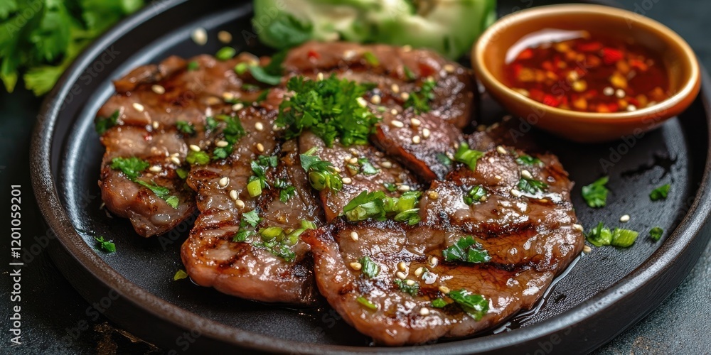Grilled pig liver slices garnished with fresh cilantro and sesame seeds served on a black plate with sweet sauce in a small bowl on the side Grilled pig liver slices garnished with fresh cilantro and sesame seeds served on a black plate with sweet sauce in a small bowl on the side