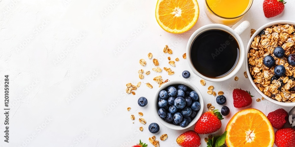 Healthy breakfast composition with granola, blueberries, strawberries, black coffee, and orange juice on a white stone table, vibrant colors arranged. Healthy breakfast composition with granola, blueberries, strawberries, black coffee, and orange juice on a white stone table, vibrant colors arranged.