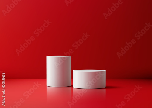 Minimalist 3D Cylindrical Empty Platforms on Vibrant Red Backdrop for Product Display Mockup and Showroom Showcase