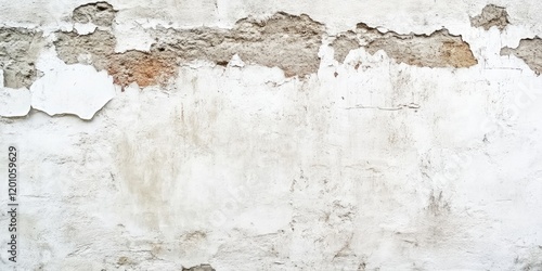 Aged white plaster wall with grungy texture and peeling paint, featuring muted gray and beige tones, ideal for background or conceptual use. photo