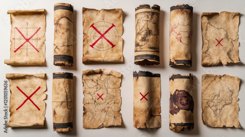 Pixel map paper scrolls, vector travel or pirate game UI assets. Pixel art maps on old parchment, pirate treasure hunt and adventure navigation scrolls with grunge texture, red routes and crosses photo