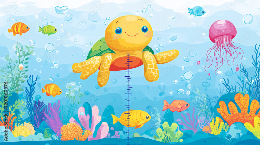 Obraz premium Kids height chart with underwater cartoon sea animals, vector growth measure. Kids height meter or baby tall scale with fishes in ocean water, jellyfish, octopus and smiling turtle with flounder
