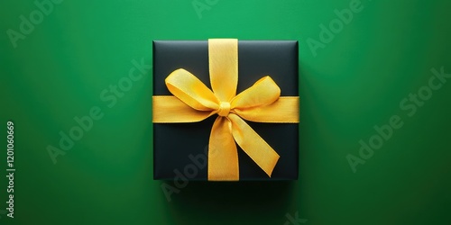 Stylish black gift box adorned with a vibrant yellow ribbon on a rich green background showcasing a top view with ample copy space for promotions