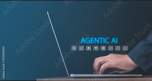 Businessman connects with robotics through a virtual screen, showcasing advanced agentic AI and intelligent systems for automation, collaboration