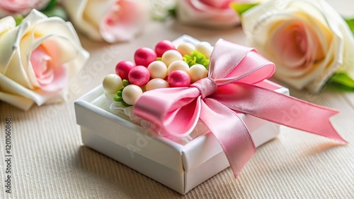 Elegant White Candy Box Boutonniere with Pink & White Ribbon - Wedding Favor