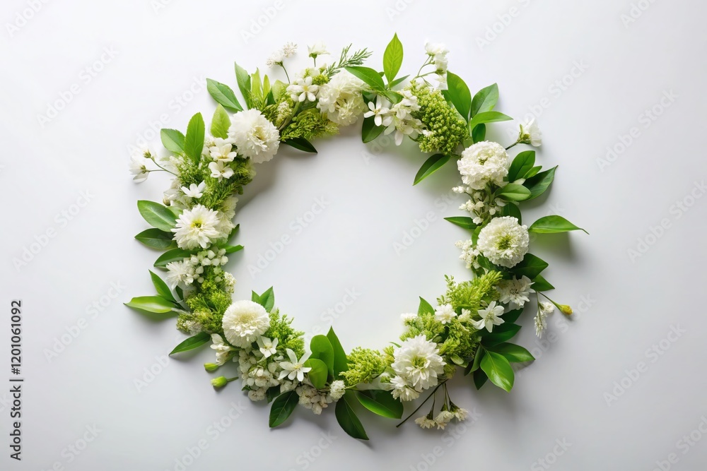 Elegant White Flower Wreath, Floral Composition, Spring Bouquet, Wedding Decoration, Botanical Flat Lay Elegant White Flower Wreath, Floral Composition, Spring Bouquet, Wedding Decoration, Botanical Flat Lay