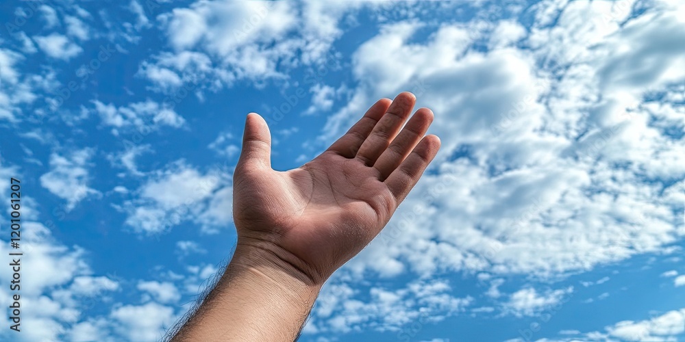 Outstretched hand positioned centrally against a vibrant blue sky filled with soft white clouds creating a serene and uplifting atmosphere Outstretched hand positioned centrally against a vibrant blue sky filled with soft white clouds creating a serene and uplifting atmosphere
