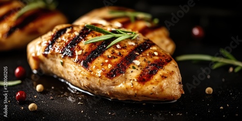 Grilled chicken breast with herbs on dark background showcasing golden-brown grill marks and garnished with rosemary and peppercorns photo