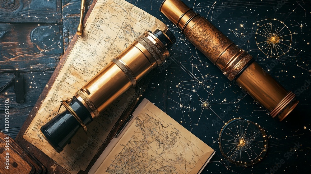 A tidy star-gazing kit with a telescope, star charts, and notebooks A tidy star-gazing kit with a telescope, star charts, and notebooks