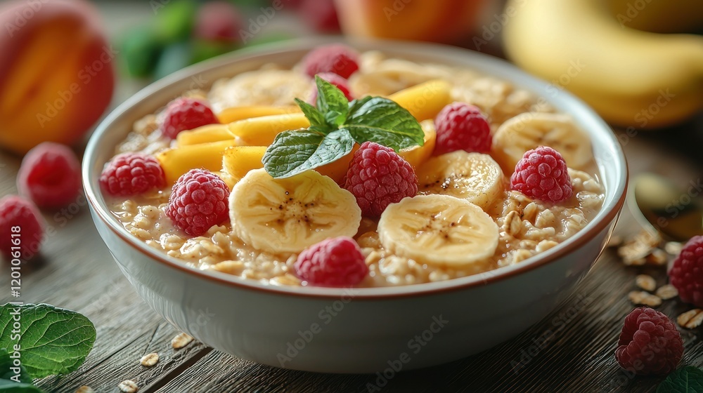 Peach, banana, raspberry oatmeal breakfast bowl Peach, banana, raspberry oatmeal breakfast bowl