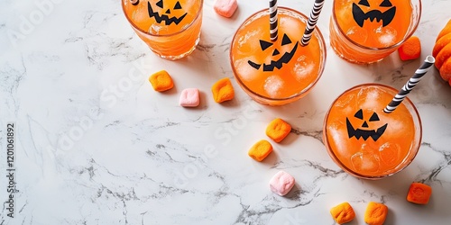 Halloween themed pumpkin orange cocktails in glasses with spooky faces on a white marble table, surrounded by colorful candies and ample copy space. photo