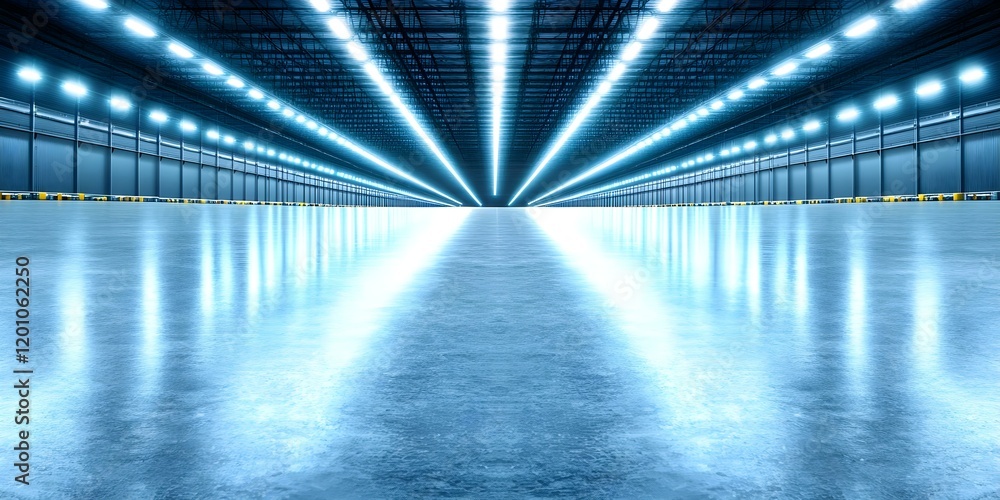 A vast, brightly lit industrial warehouse with reflective floors and lines of light creating a sense of depth. Concept Industrial Aesthetics, Enlightened Spaces, Reflections and Shadows A vast, brightly lit industrial warehouse with reflective floors and lines of light creating a sense of depth. Concept Industrial Aesthetics, Enlightened Spaces, Reflections and Shadows