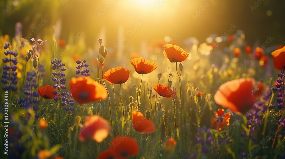 Obraz premium 28.Vast meadow filled with colorful wildflowers, primarily red poppies and violet lupines, photographed on film with warm sunlight casting a golden glow over the scene.