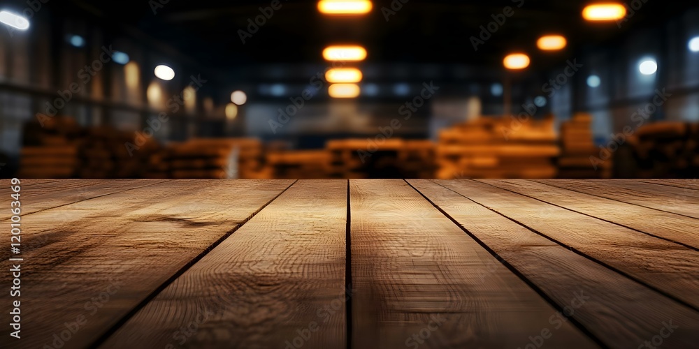 A wooden tabletop set against a blurred background of a warehouse or workshop filled with stacks of timber. Concept Wooden Tabletop Design, Blurred Warehouse Background, Timber Stacks A wooden tabletop set against a blurred background of a warehouse or workshop filled with stacks of timber. Concept Wooden Tabletop Design, Blurred Warehouse Background, Timber Stacks