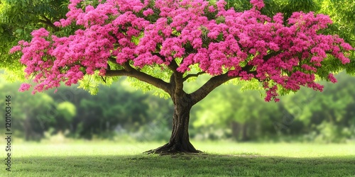 A vibrant pink-flowering tree with a broad canopy standing in a lush green setting. Concept Vibrant Pink Tree, Broad Canopy, Lush Greenery, Nature Beauty, Seasonal Bloom photo