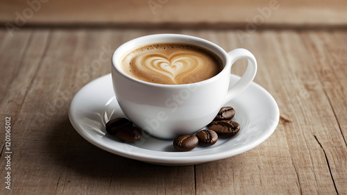 cup of coffee with white cream heart ornament on the top, coffee in white pottery mug on white saucer with coffee beans on vintage wooden table, copy space