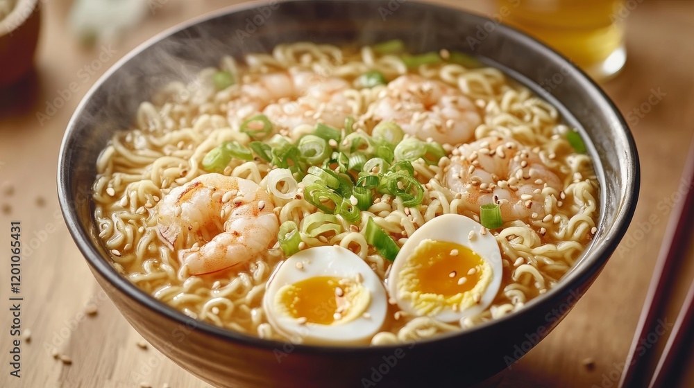 50.Overhead shot of a steaming bowl of shrimp and egg ramen, garnished with green onions and sesame seeds, placed on a wooden table alongside neatly positioned chopsticks. 50.Overhead shot of a steaming bowl of shrimp and egg ramen, garnished with green onions and sesame seeds, placed on a wooden table alongside neatly positioned chopsticks.