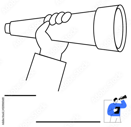 Hand grips telescope signifying foresight and exploration, small figure uses binoculars on paperwork. Ideal for future planning, vision, strategy, discovery, focus, innovation, abstract line flat