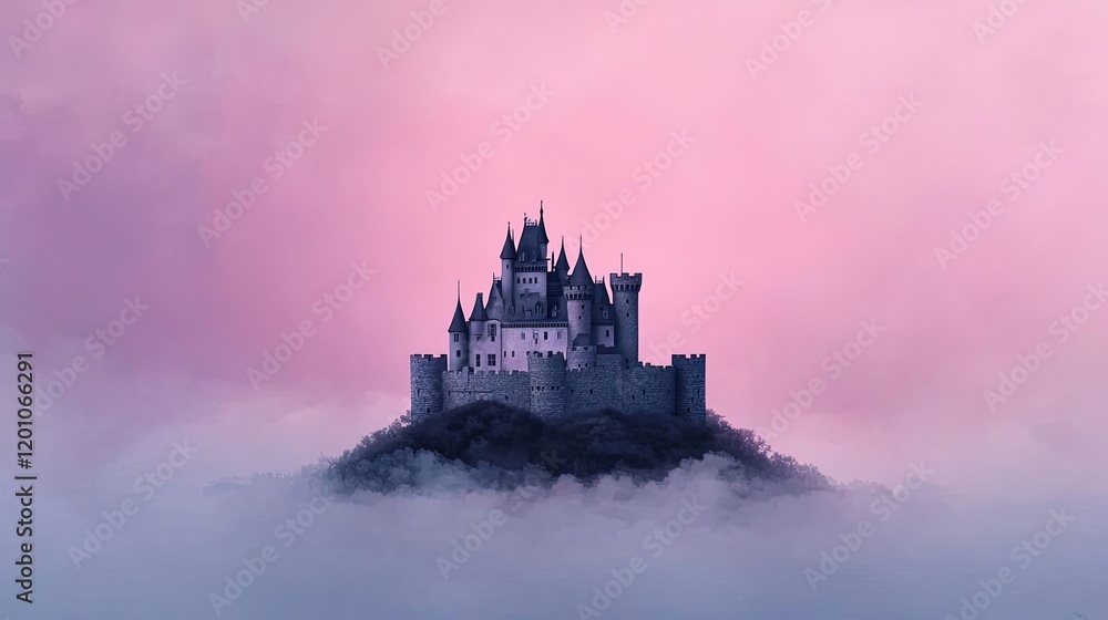 Fantasy watercolor idea. A majestic castle surrounded by mist under a pink sky, evoking a sense of mystery. Fantasy watercolor idea. A majestic castle surrounded by mist under a pink sky, evoking a sense of mystery.
