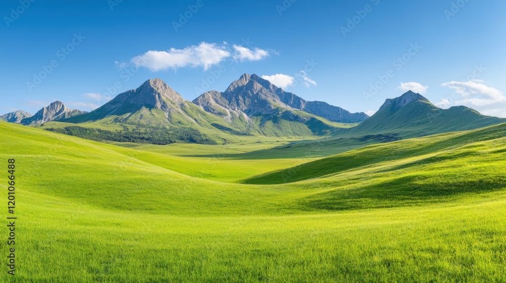 Obraz premium Vibrant green rolling hills extend towards majestic mountains under a bright blue sky with fluffy white clouds, creating a peaceful and picturesque natural setting