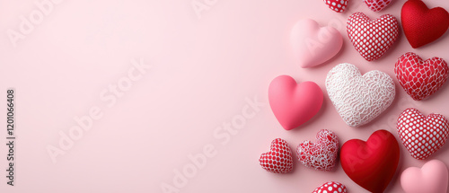 Heart shaped decorations in pink, red, and white on soft pink background