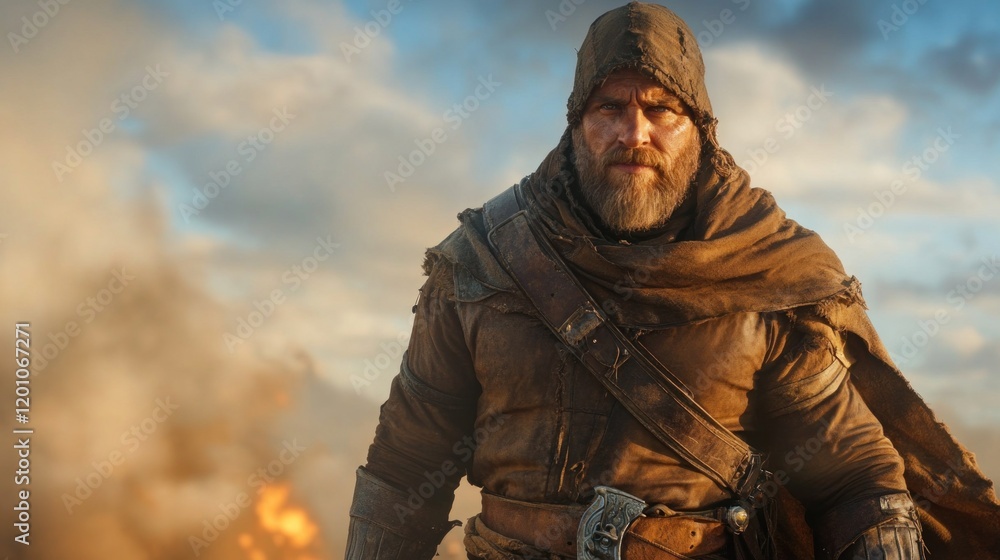Fototapeta premium fierce warrior dressed in worn armor stands bravely against a backdrop of chaos and flames. His expression reveals resilience as he prepares for the next challenge in a battle at dusk