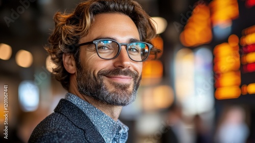 man with curly hair and glasses smiles warmly while standing in a bustling urban environment. Brightly lit signs and blurred figures create a lively backdrop during the day