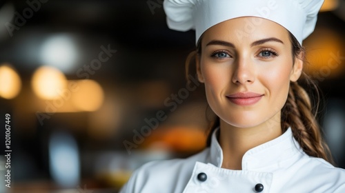 young female chef stands proudly in a professional kitchen, wearing a classic white uniform and chef hat