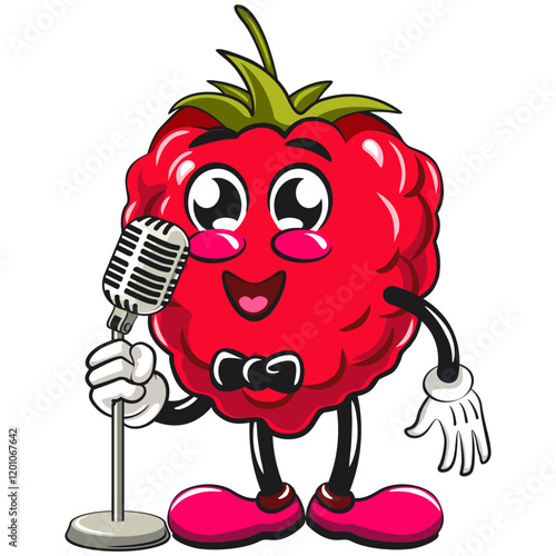 Cute raspberry fruit vektor illustration mascot character on front of the mic become a stand up comedian, work of hand drawn