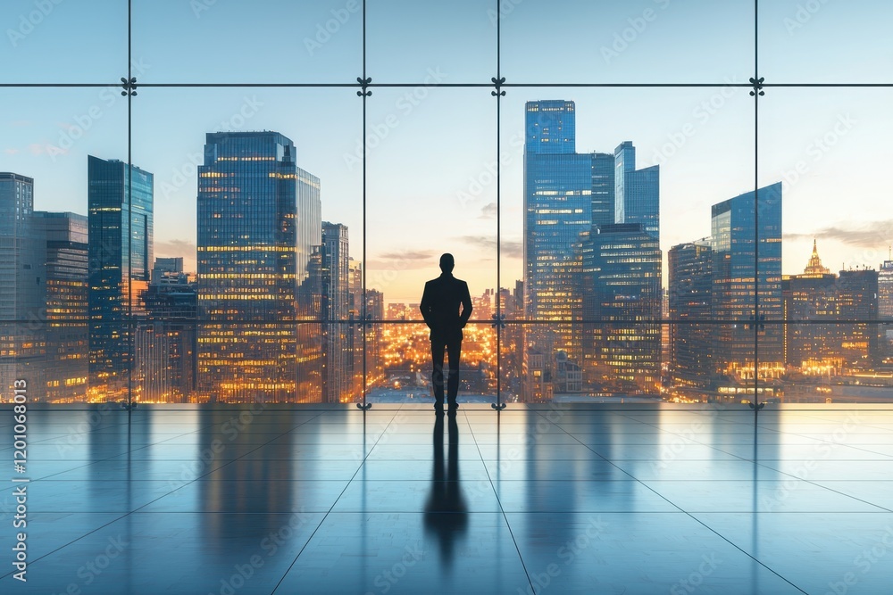 Fototapeta premium A silhouette of a person stands in front of a large glass window, overlooking a city skyline at dawn with skyscrapers bathed in warm light.