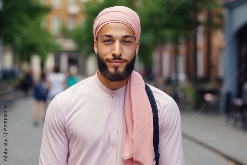 A man wearing a pink shirt and a pink scarf is smiling A man wearing a pink shirt and a pink scarf is smiling