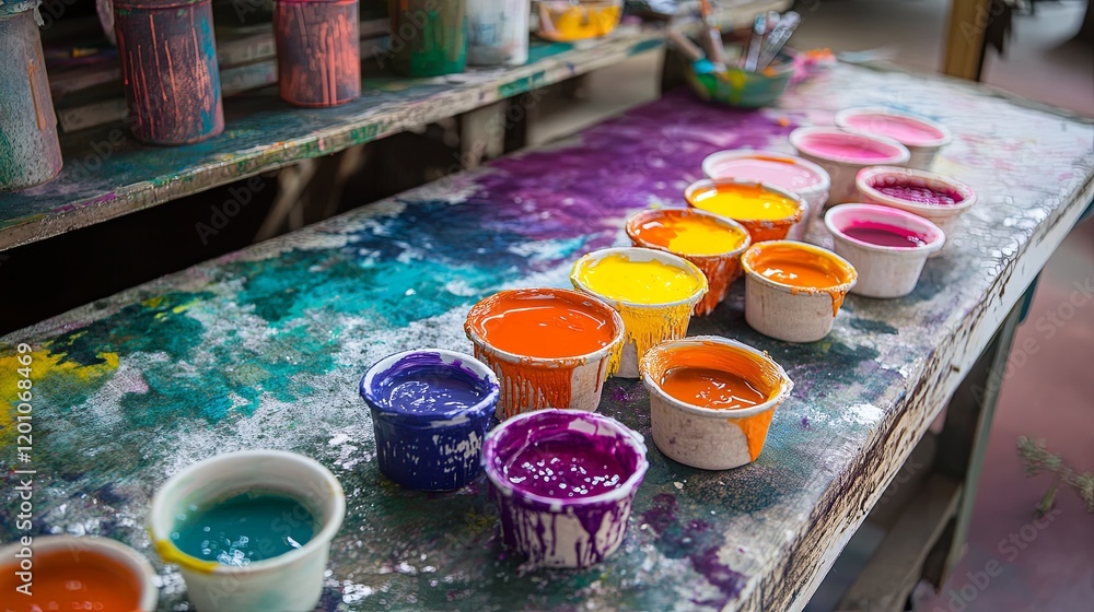 A vibrant batik dyeing station with wax applicators, fabric, and colorful dyes A vibrant batik dyeing station with wax applicators, fabric, and colorful dyes