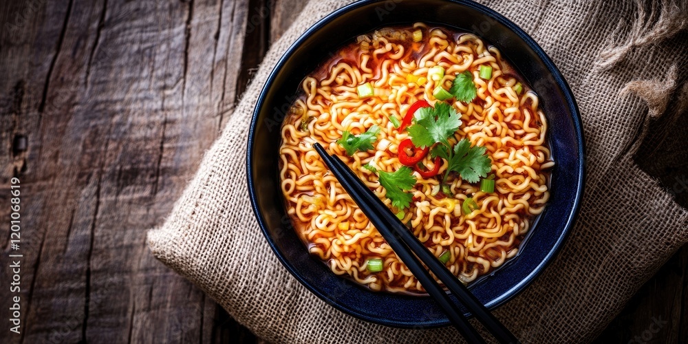 Aerial view of instant noodles in a dark blue bowl topped with chili, spring onion, and cilantro, with chopsticks on a textured sack backdrop. Aerial view of instant noodles in a dark blue bowl topped with chili, spring onion, and cilantro, with chopsticks on a textured sack backdrop.