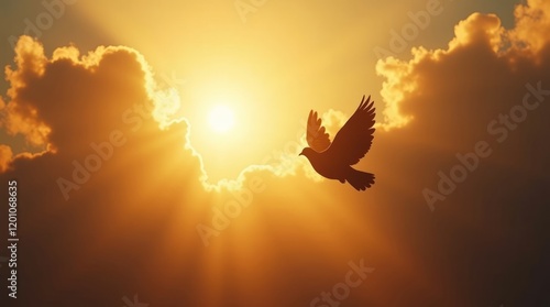 The silhouette of a dove flying in the sky during sunset, symbolizing freedom. photo