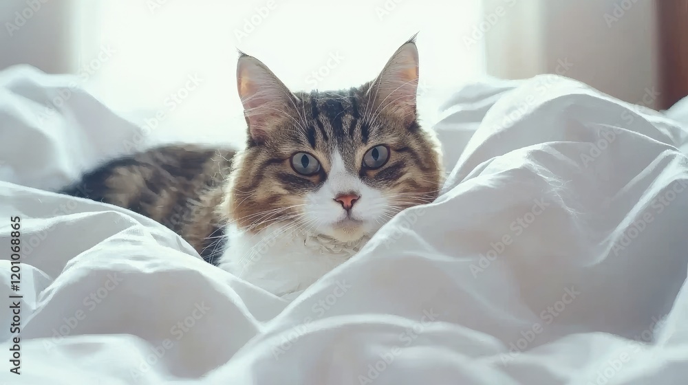 Playful cat resting on soft bedding in cozy home environment captivating pet portrait for animal lovers Playful cat resting on soft bedding in cozy home environment captivating pet portrait for animal lovers