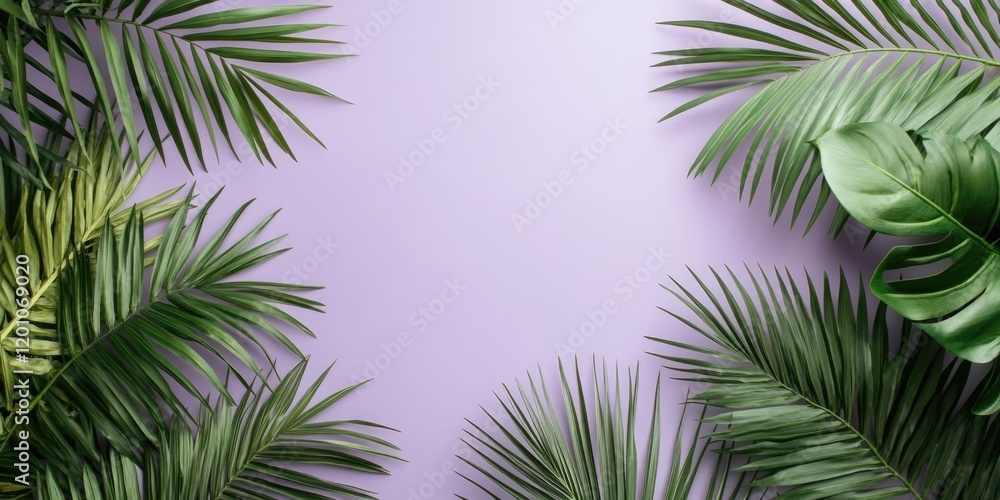 Lush green palm branches frame a soft light violet backdrop creating an ideal space for text and design elements in a vibrant presentation Lush green palm branches frame a soft light violet backdrop creating an ideal space for text and design elements in a vibrant presentation