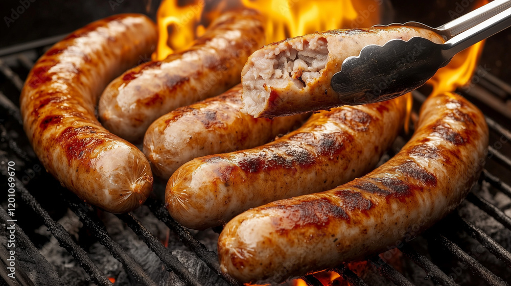 Grilled sausages sizzling over open flames with one sliced Grilled sausages sizzling over open flames with one sliced