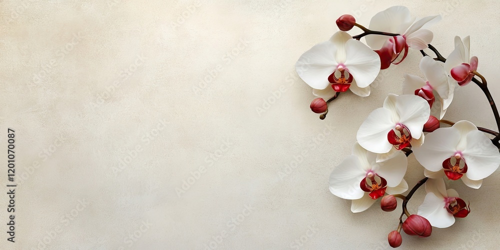 Stunning arrangement of white and deep red phalaenopsis orchids on a soft neutral background with delicate flower details and buds on the left Stunning arrangement of white and deep red phalaenopsis orchids on a soft neutral background with delicate flower details and buds on the left