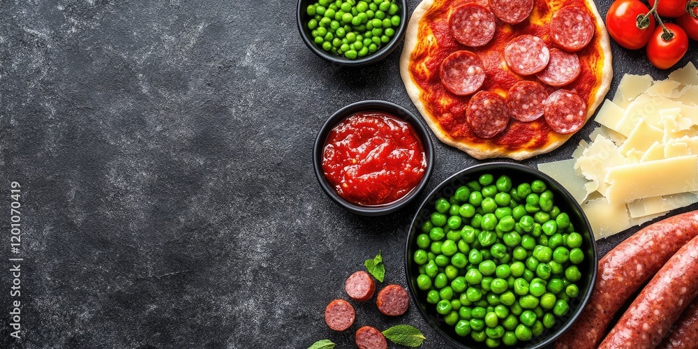 Ingredients for pizza arranged on a dark textured background featuring bowls of green peas sausage tomato sauce and cheese slices on the left Ingredients for pizza arranged on a dark textured background featuring bowls of green peas sausage tomato sauce and cheese slices on the left