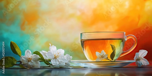 Jasmine green tea in a clear cup with white flowers on a saucer against a vivid orange and turquoise abstract backdrop with soft lighting photo