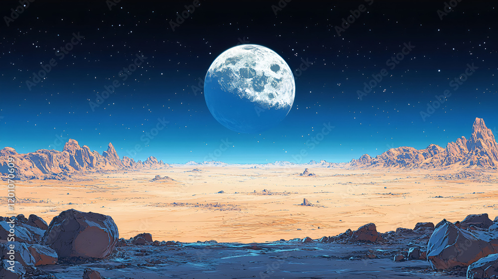Fototapeta premium Alien Planet Desert Landscape Underneath A Large Moon
