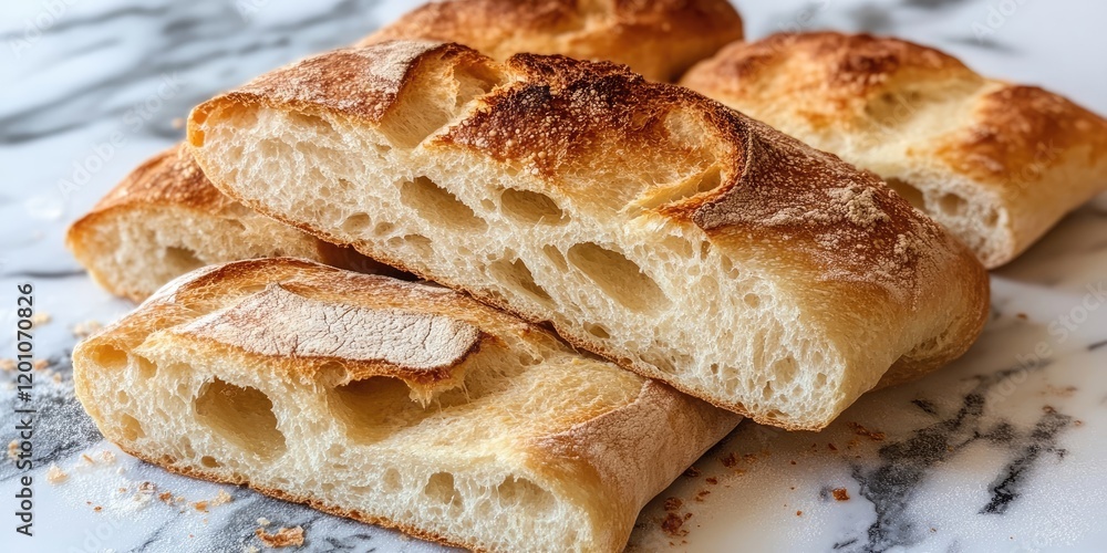 Freshly baked Italian bread loaves sliced open on a marble countertop showcasing soft airy texture and golden crust in warm beige tones Freshly baked Italian bread loaves sliced open on a marble countertop showcasing soft airy texture and golden crust in warm beige tones