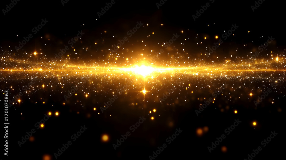 Naklejka premium Golden light streaks across dark space; cosmic background, video overlay