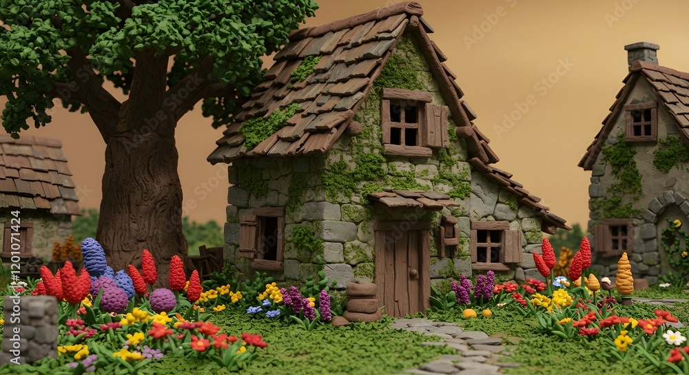 A Claymation background of a village house and a flower yard. A Claymation background of a village house and a flower yard.