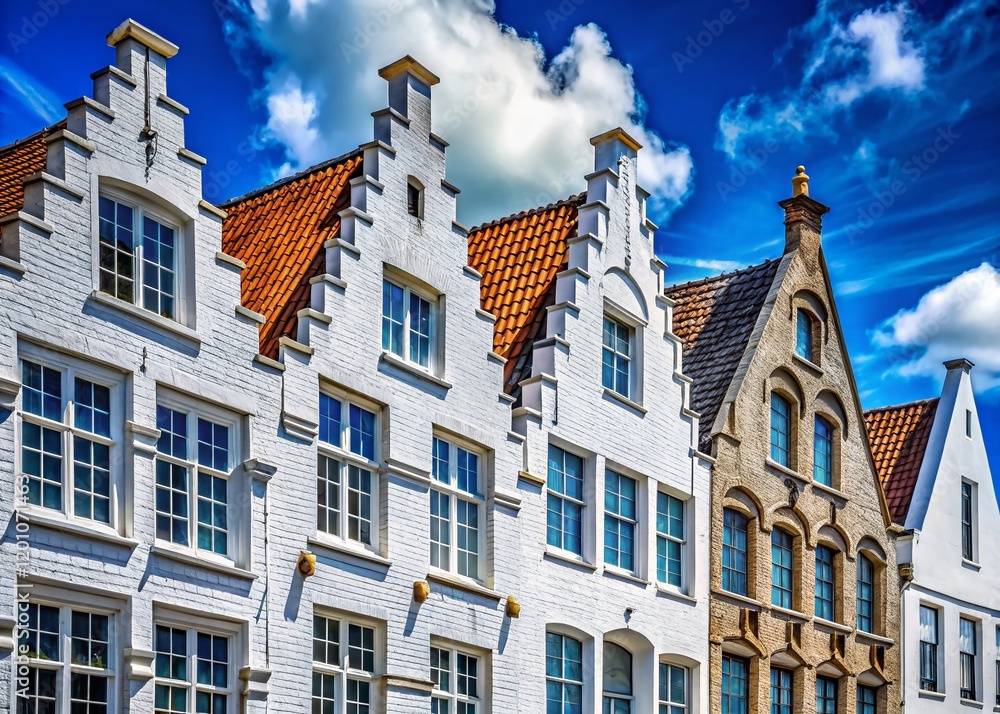 Obraz premium European Gable Roof Houses, White Brick Wall, Blue Sky - Urban Exploration Photography