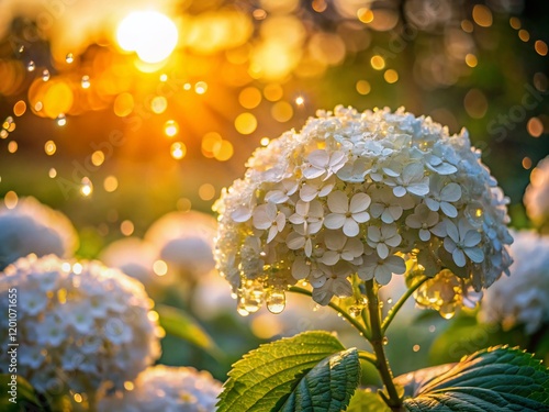Evening Summer Garden: Double Exposure of Blooming White Hydrangea
